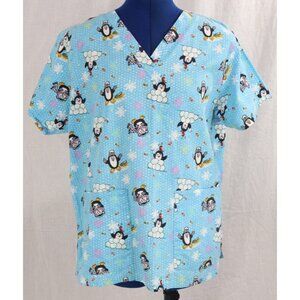 Allheart Women's M Blue Winter Penguin Snow Print Scrub Top VTG  Shirt Pockets